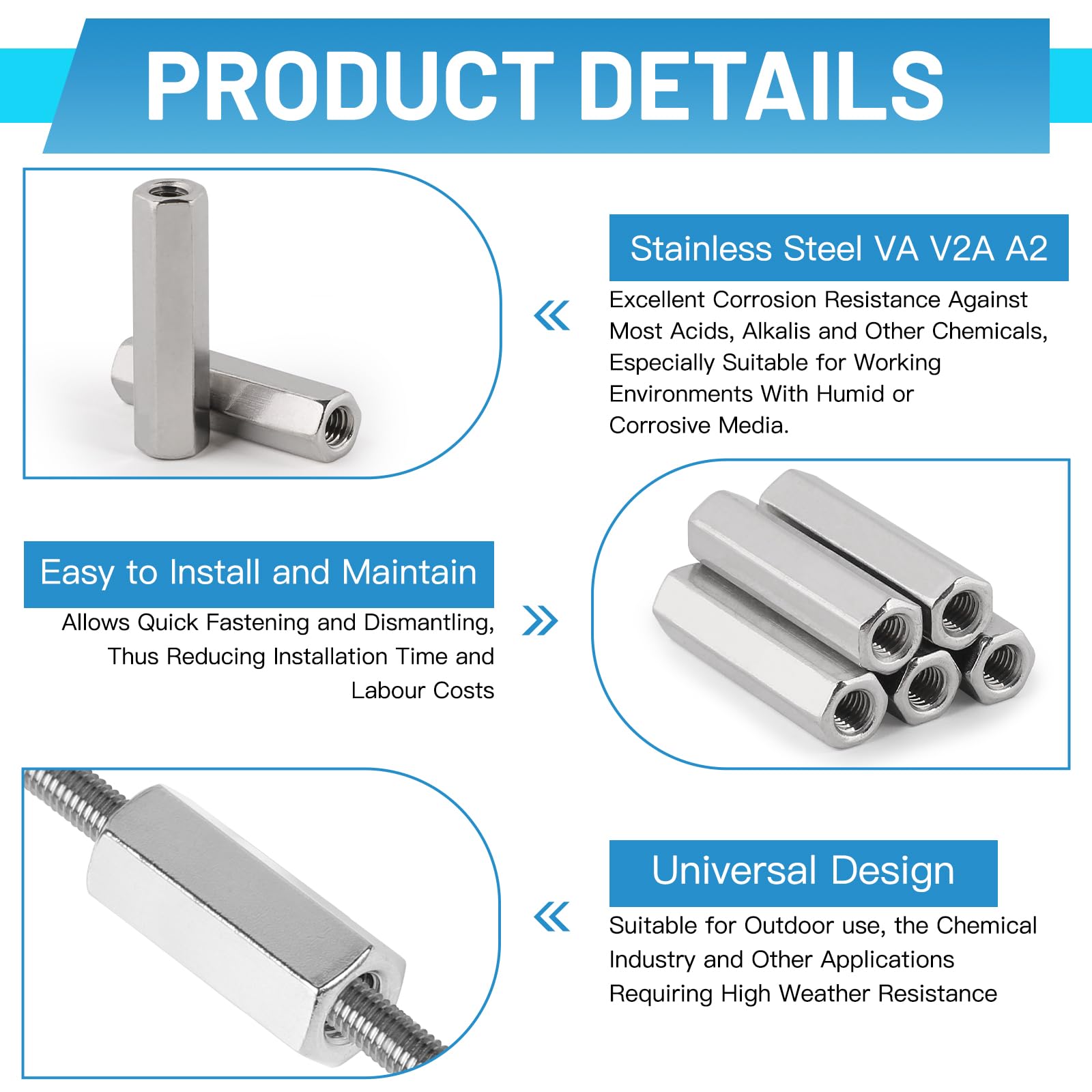 LALAGO 20 Piezas M6 x 40mm Tuercas de Unión Largas de Acero Inoxidable VA V2A A2, Tuerca para Atornillar Manguitos de Unión Hexagonales, Tornillos de Tuerca Cruzados Manguitos Roscados