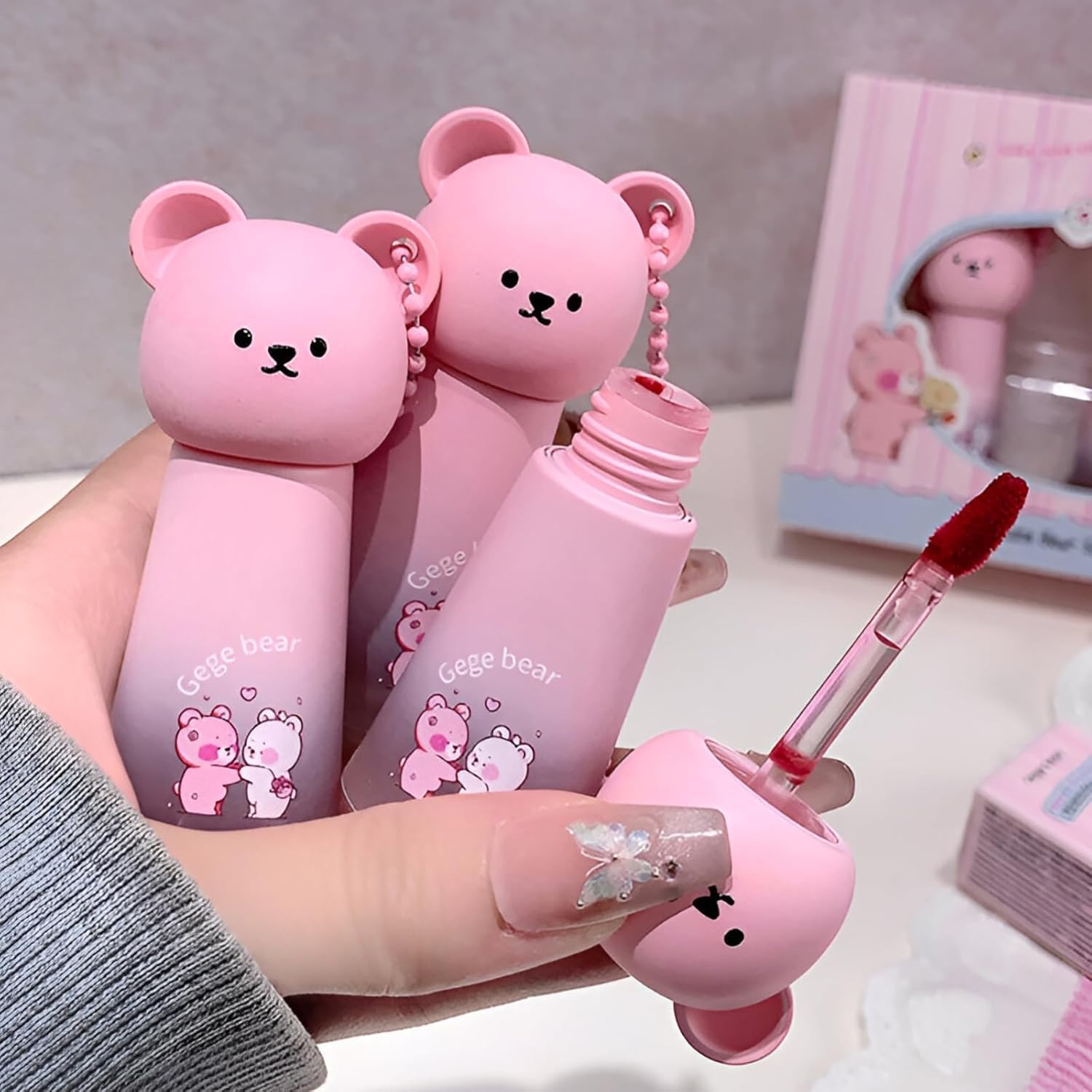 Gege Bear Soft Mist Lip Mud Matte Lipstick | Cute Bear Bottle Design with Chain | Transfer-Proof Velvet Texture | Wearable Peach Coral Shades | Long-Lasting Smudge Proof | Non-Drying Lip Color for Women | Perfect for College Office & Party Makeup (02# Soft Coral Pink, 3.5g)-image-20