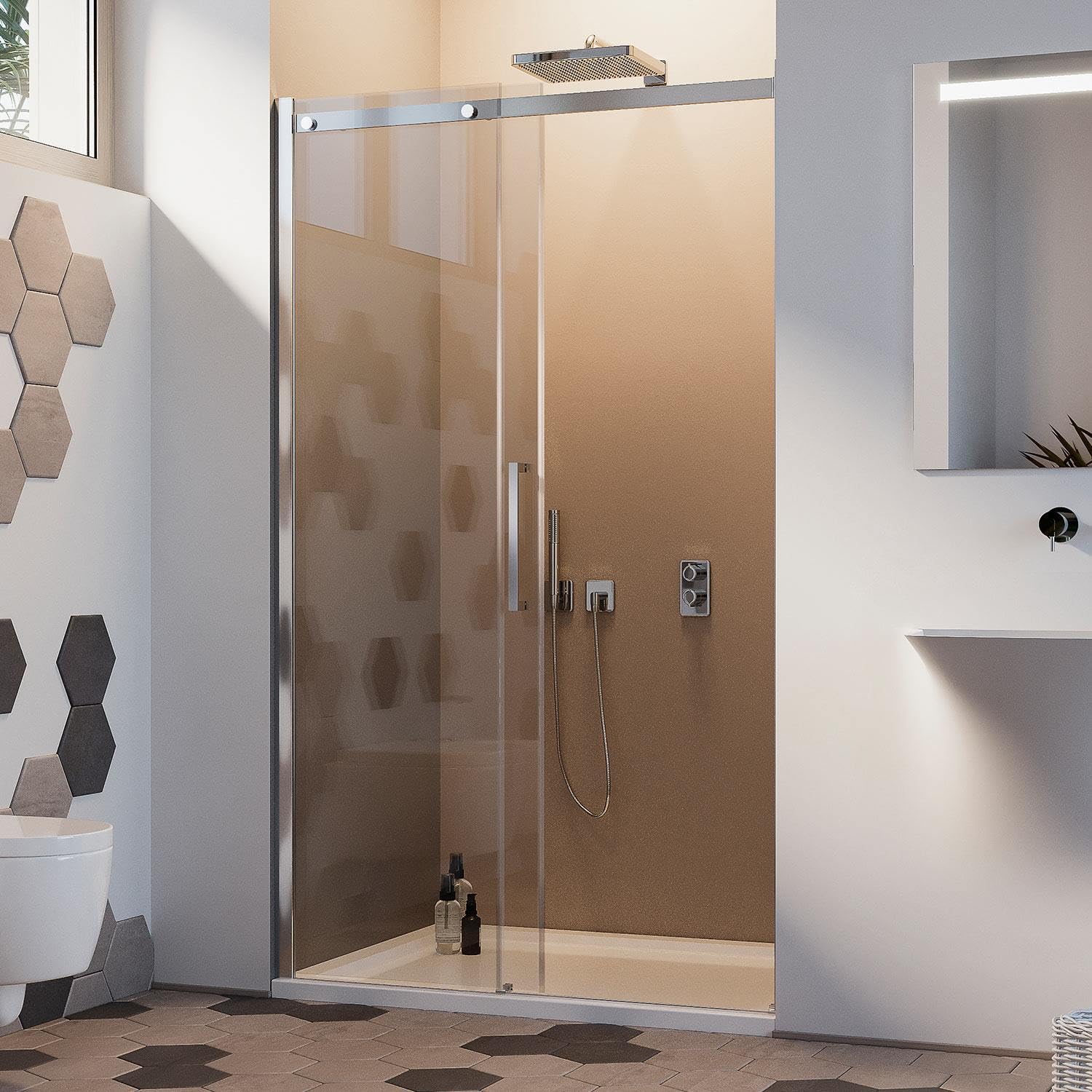 Porte De Douche Coulissante Idralite Prime - 150cm X 198cm, Verre 8mm Transparent, Gauche, Finition Noire, Anticalcaire, Neuve