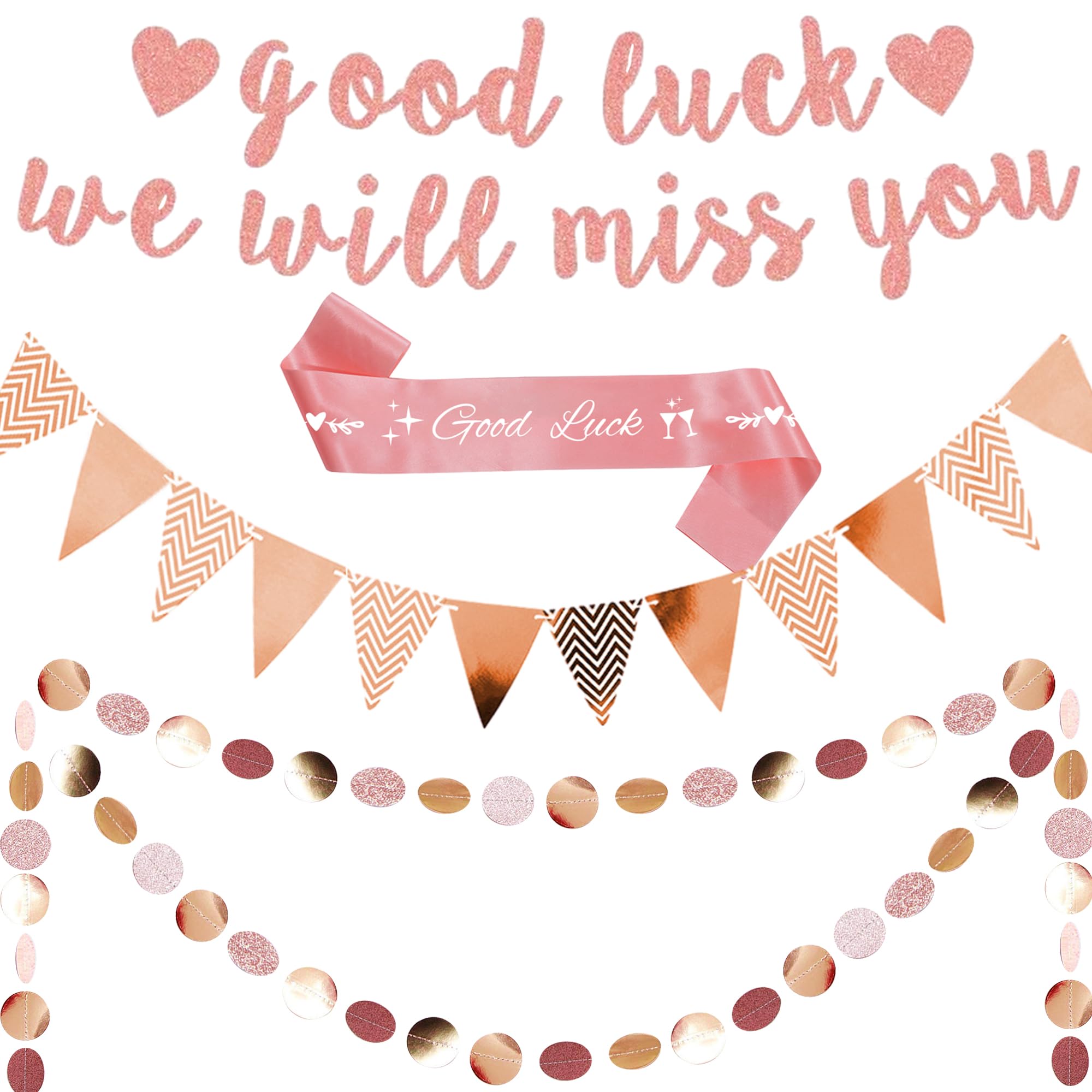We Will Miss You Banner - Rose Gold Retirement Decorations Set With Glitter Triangle Bunting, Good Luck Graduation Garland Banners for Leaving Farewell Party Supplies