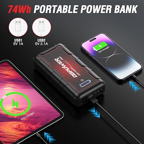 Miniatura 4 de DBPOWER Arrancador de batería portátil de 2500 A pico 74 Wh (hasta 10 L de gasolina8 litros de motor diésel) 12 V con cables de abrazadera