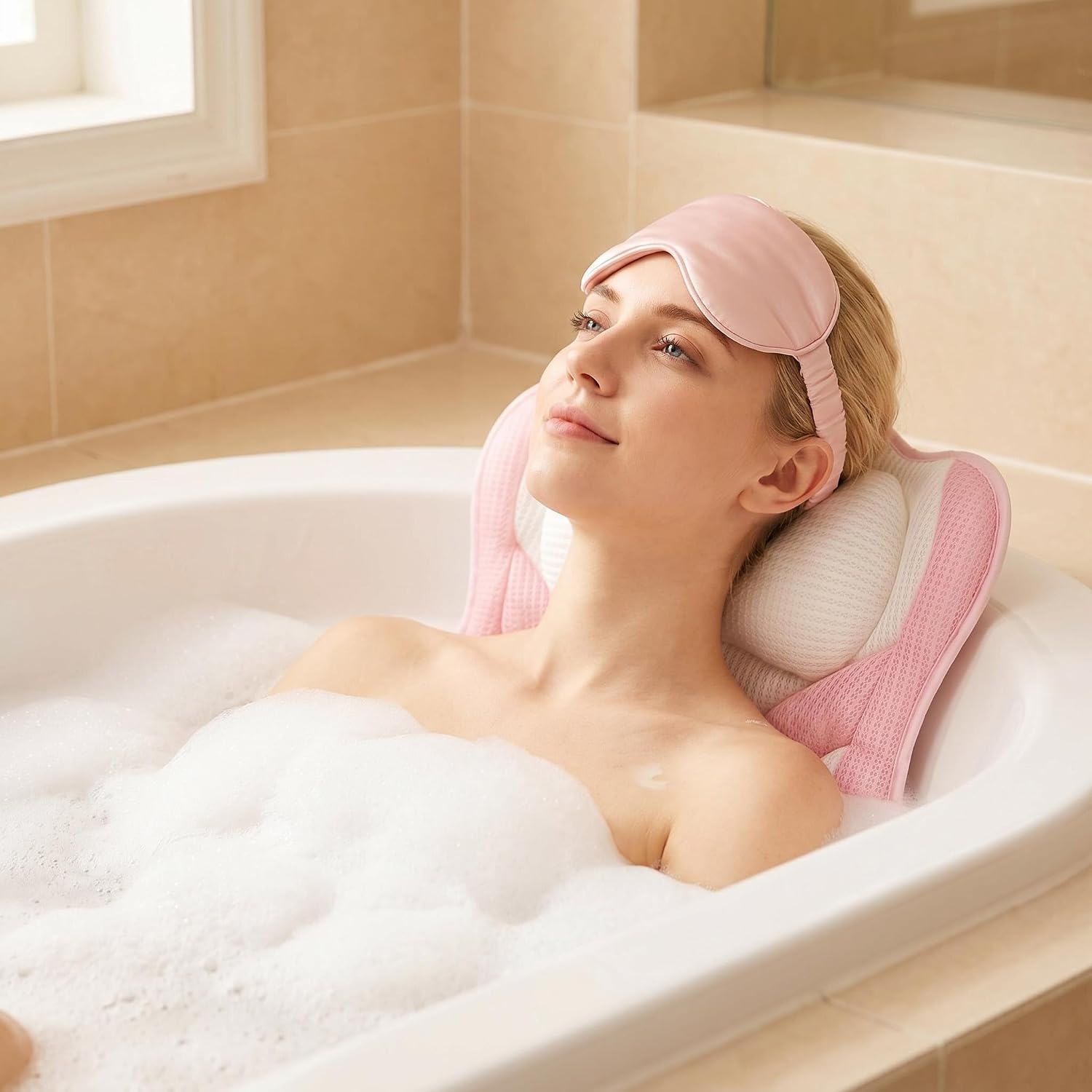 Upgraded Bath Pillows,Bathtub Pillows for Head and Neck Support,Bath Pillows for Tub with Soft 5D Breathable Mesh Fabric Nonslip Suction Cups,Relaxing Bath Accessories Spa Gifts .(Pink White)