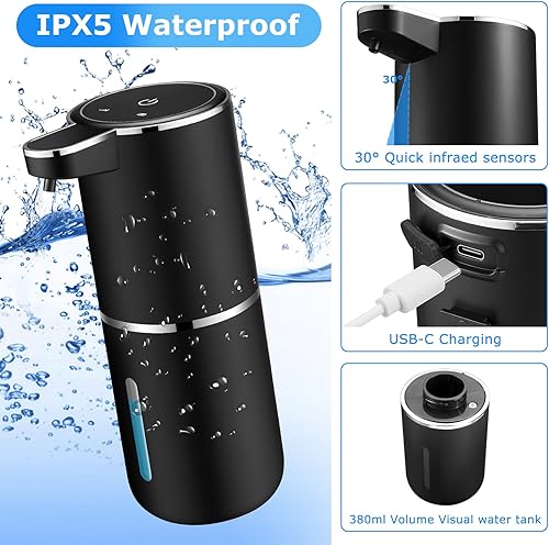 Miniatura 3 de Paquete de 2 dispensadores automáticos de jabón, dispensador de jabón espumoso automático sin contacto USB de 12.8 onzas, dispensador de jabón