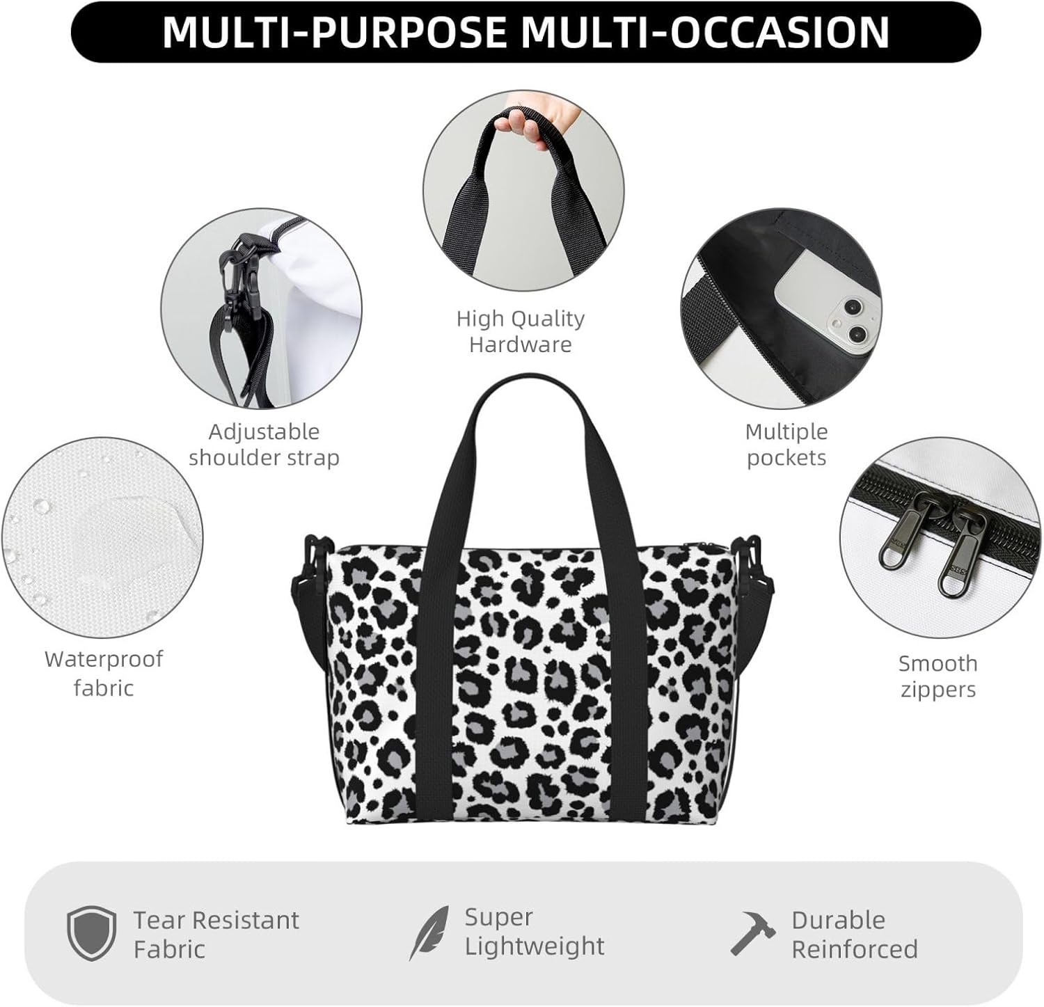 Black grey Leopard print fashion Travel Duffle Bags for Women, Personal Item Overnight Weekender Sport Carry On Gym Bag for Men Women