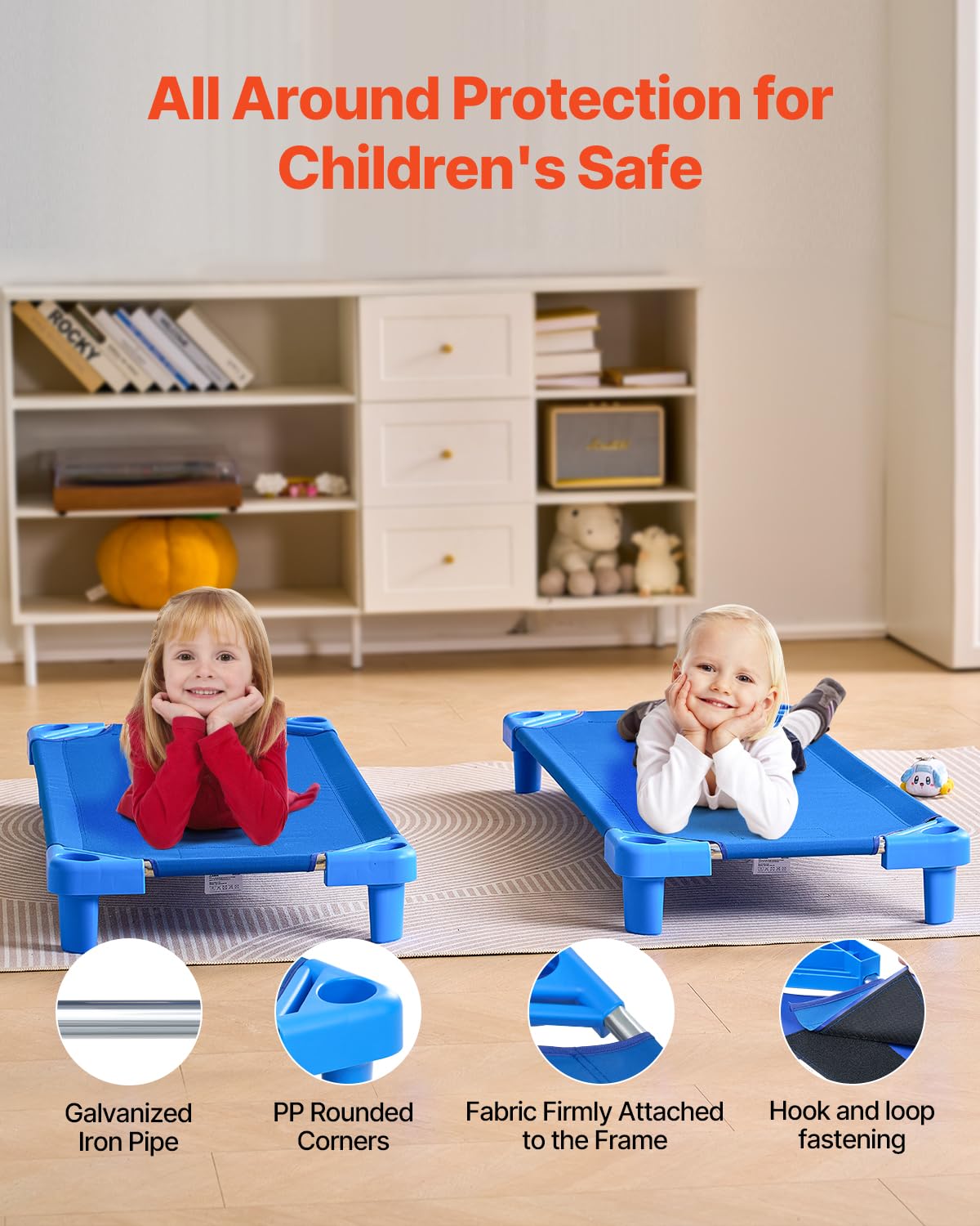 VEVOR Lit de Sieste empilable pour Enfant, 6 pcs, lit de Couchage Portable pour Tout-Petits, 130 x 57 cm, lit de garderie pour Enfants, pour Salle de Classe préscolaire, pour Dormir, se Reposer, Bleu