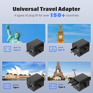 Universal Travel Adapter, 4-in-1 Outlets for Worldwide International Power Adapter USA/JP Socket, Travel Adapter Worldwide - Compact 2.14in Cube Design US EU UK AU Asia (Black)