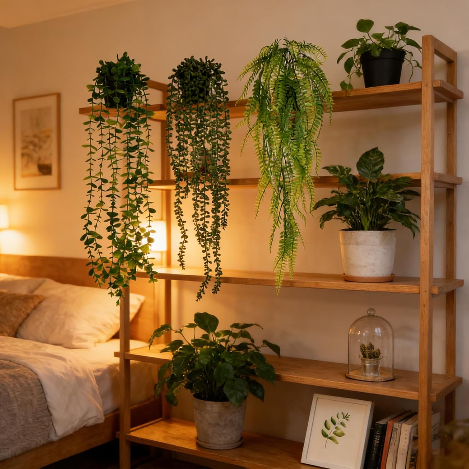 4 Pack Artificial Plants, Hanging Fake Plants Indoor for Shelf, Boho Faux Eucalyptus Vine, Ivy Vine, String of Pearls, Boston Fern Potted for Living Room Outdoor Wall Decor - Image 8