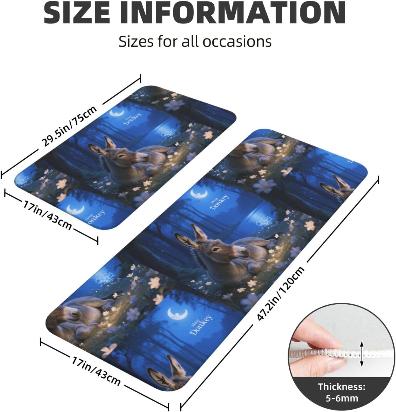 Donkey in Moon Wood Kitchen Rugs Set of 2, Cushioned Anti-Fatigue Kitchen Mats for Floor, Waterproof Comfort Standing Mat Absorbent Velvet Kitchen Runner Rugs 17"x30"+17"x47"