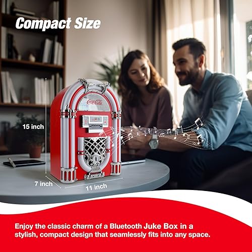 Miniatura 7 de Coca-Cola Jukebox - Altavoz Bluetooth con radio FM, luces LED, salida de 16 W, batería de 1800 mAh, carga USB-C, rango de 32.8 ft, diseño retro para