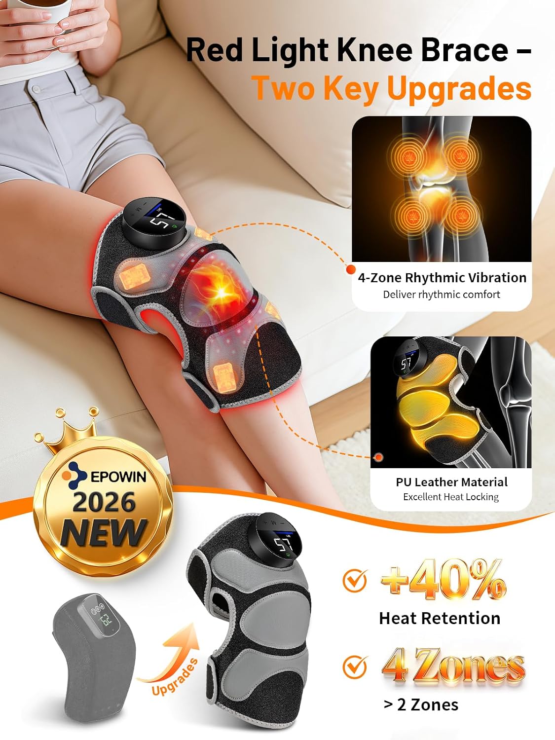 Cordless Red Light Therapy Knee Massager with Heat & 4 Vibration Motors