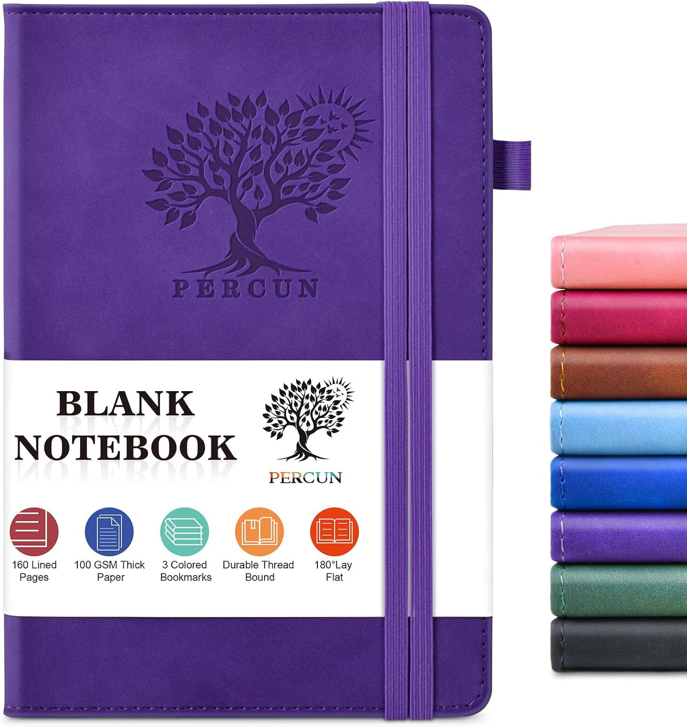 PERCUN Purple Leather Blank Journal Notebook - 160 Pages Unlined Sketchbook for Drawing, Writing, Art - 5.9x8.5 A5 Hardcover for Men & Women