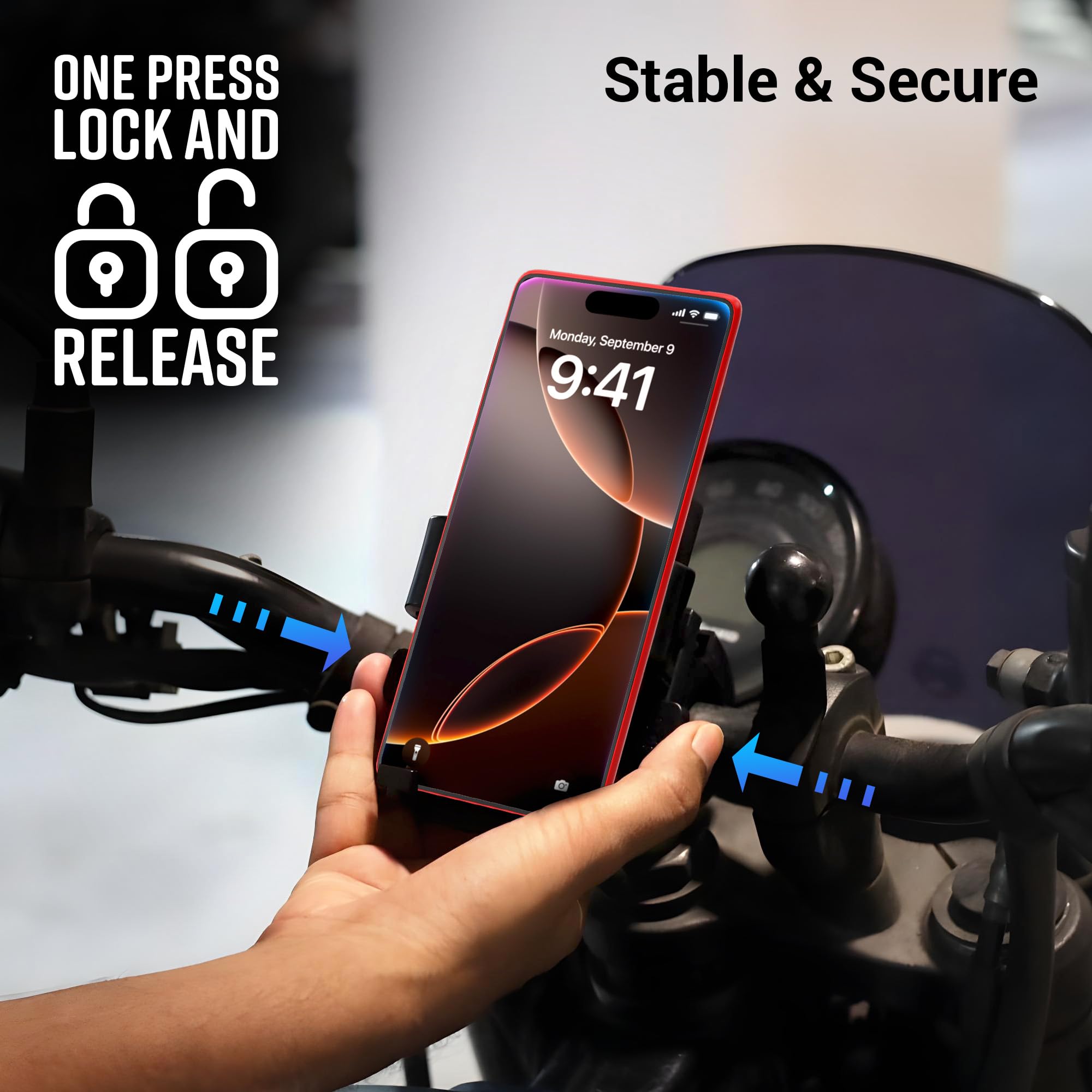 ZEBRONICS BMH110, Bike Smartphones Mobile Holder, Upto 6.1 Inches, 360° Rotatable, One Press Lock and Release, Stable and Secure, Anti-Skid Silicone Pads, Cable Management, for Maps & Navigation — Amazon image 4