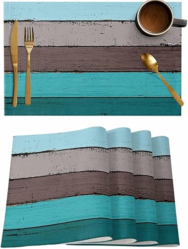 Vista 40 de Vandarllin Juego de 6 manteles individuales retro con textura de madera rústica de poliéster, resistentes a las manchas, manteles individuales Rayas