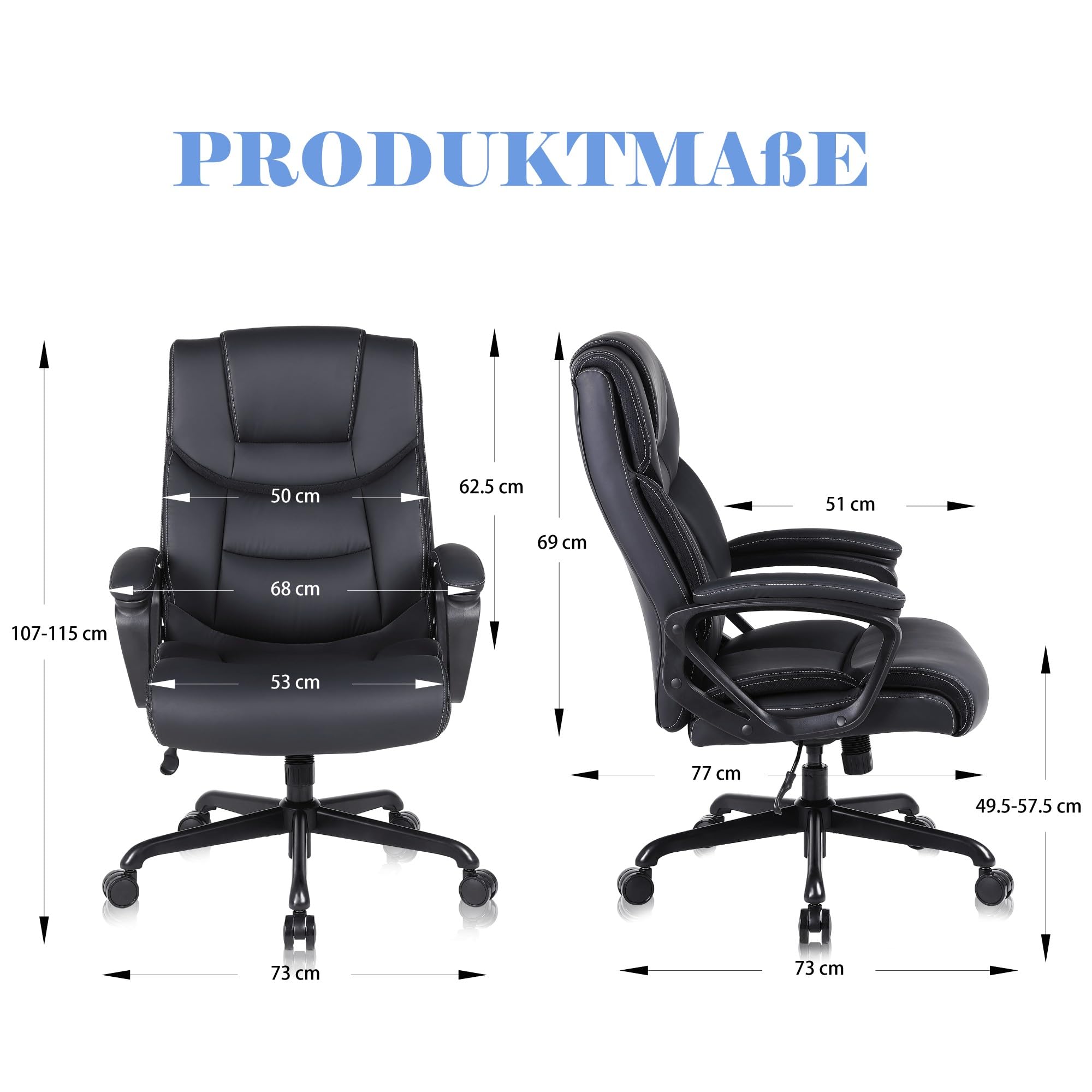Bürostuhl Ergonomisch, Chefsessel Pu Leder, Schreibtischstuhl, Drehstuhl mit Wippfunktion, Höhenverstellbar, für Büro, Gaming, Schwarz