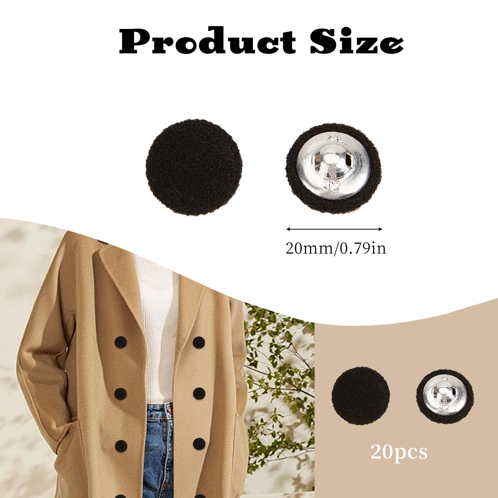 NICENEEDED 20PCS Black Tuxedo Buttons, Fabric Covered Metal Shank, Round, 20mm, Perfect for Vintage Jacket Sweater - Image 2