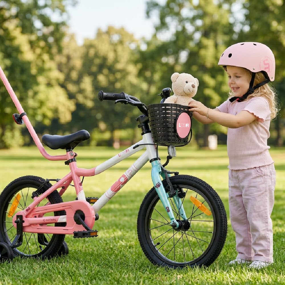 sun baby Bicicletta Bambini LOOFI 12 14 16 Pollici, Bambina e Bambino 2-6 Anni, Max 50 kg - Telaio leggero in alluminio, con rotelle, cestino, campanello, adesivi