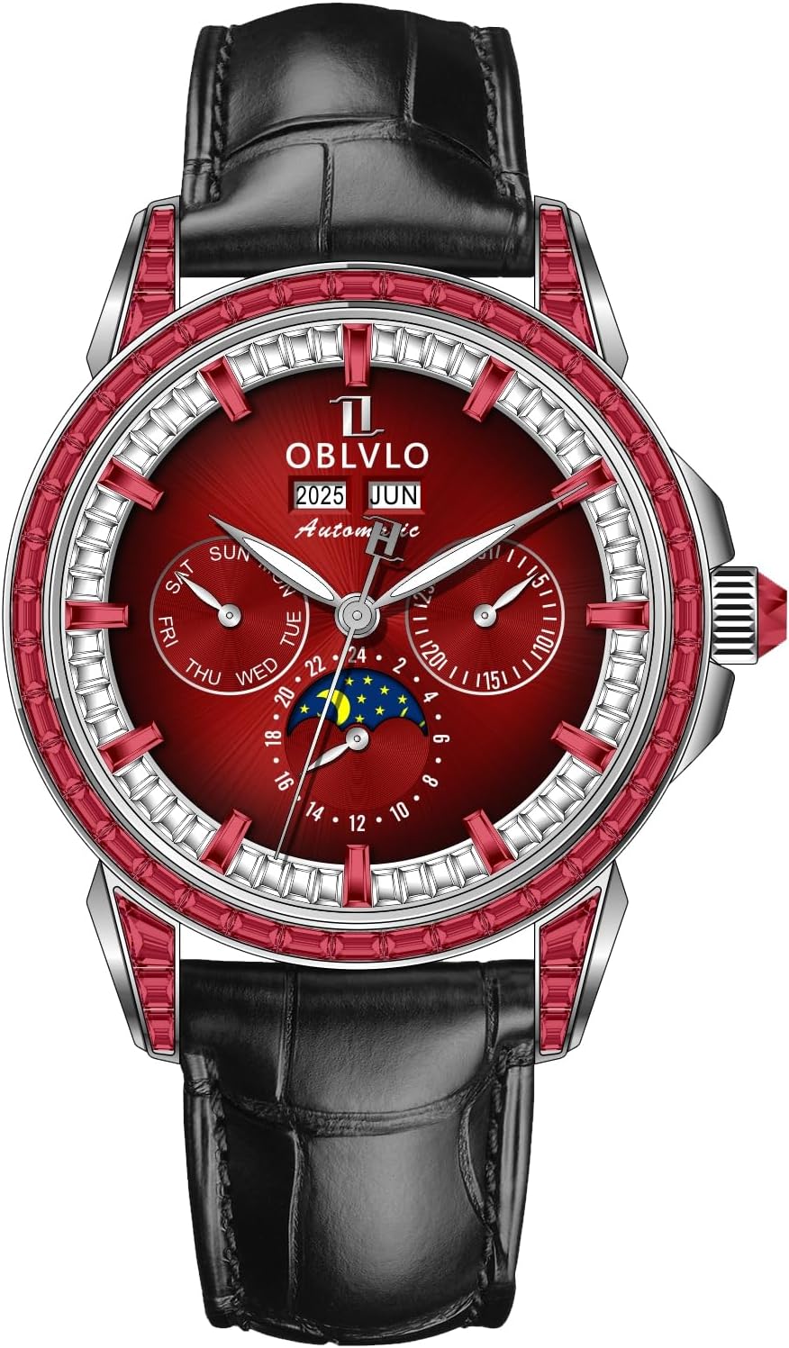 OBLVLO Luxury Men's 316L Stainless Steel Moonphase Automatic Watch Diamond Bezel 24-Hour Multifunction Mechanical Bracelet Watches GCM-MUT
