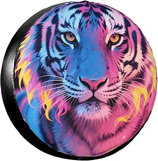 Blue Pink and Yellow Fire Tiger Spare Tire Cover Wheel Protectors 17 Inch Dust-Proof Sun Protection Wheel Tire Covers Universal Fit for Rv Trailer Truck SUV Travel Trailer Accessories