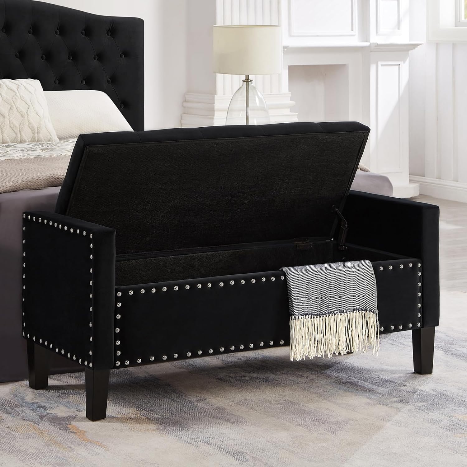 Velvet Storage Ottoman Bench with Armrests, Upholstered Button Tufted Entryway Bench with Nailhead Decoration, Large Shoe Storage Bench for End of Bed, Living Room, Entryway, Hallway (Black)