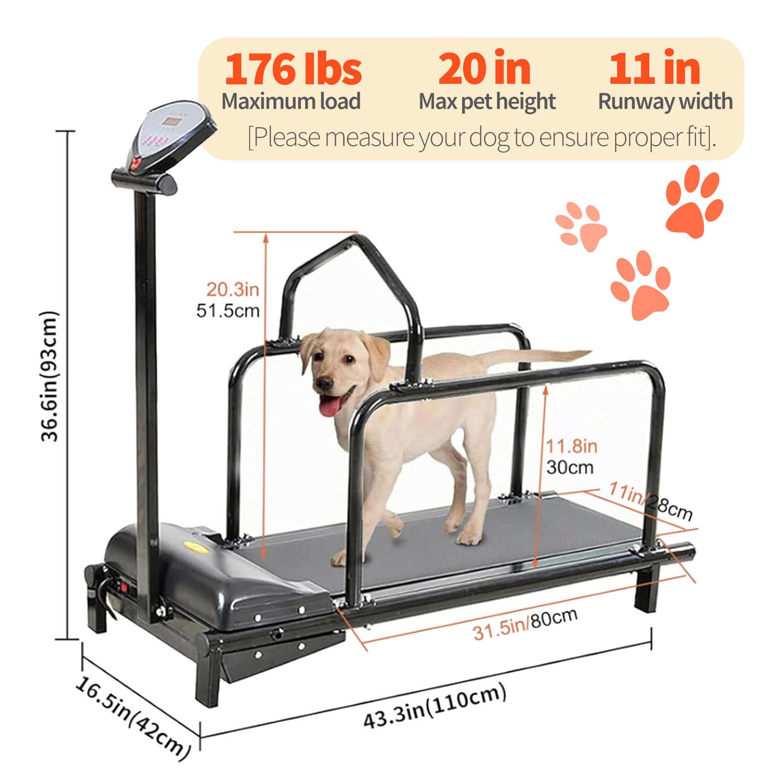 Hundelaufband für mittelgroße Hunde, Indoor-Haustierlaufband, Elektrisches Indoor-Hundelaufband mit LCD-Display, Outdoor-Hundelaufband, Gewichtskapazität 80 kg,Black