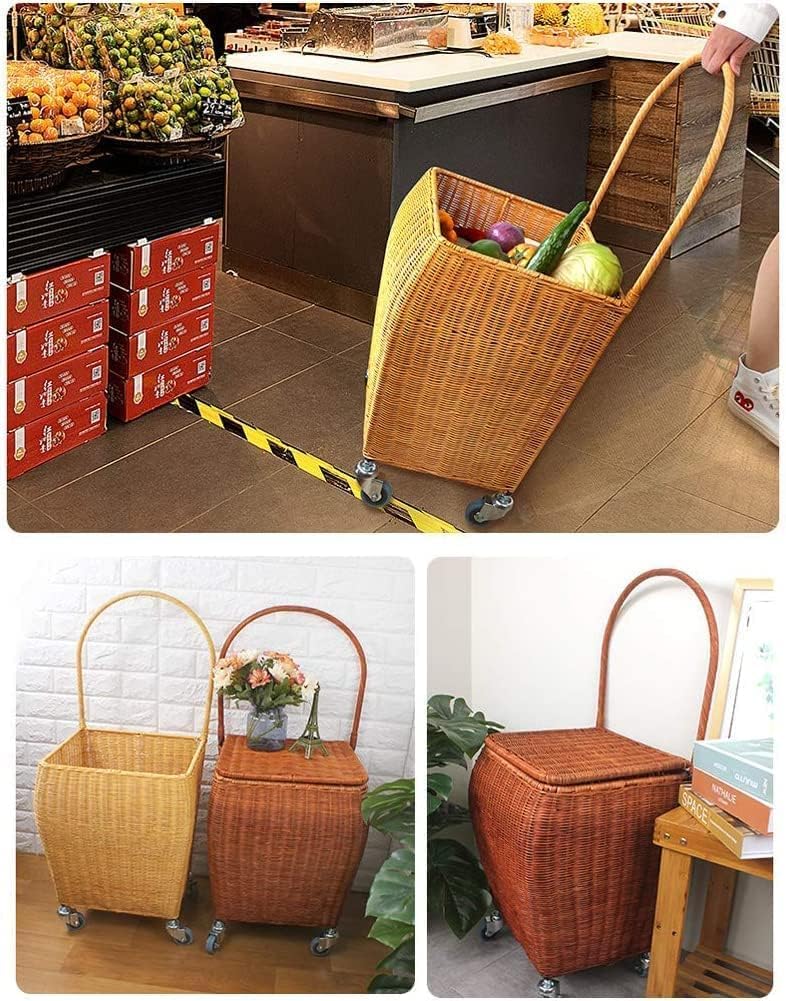 Yellow Rattan Rolling Shopping Cart with Lid - Hand Truck for Elderly, Lightweight Trolley for Grocery & Market Use, Lar Capaci, Convenient & Slish Design