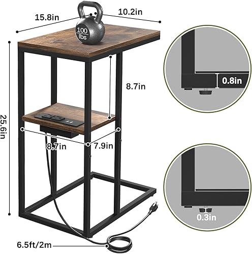 Miniatura 19 de Yoobure Mesa auxiliar en forma de C con estación de carga para sala de estar, dormitorio, mesa de sofá con puertos USB y salidas para espacios