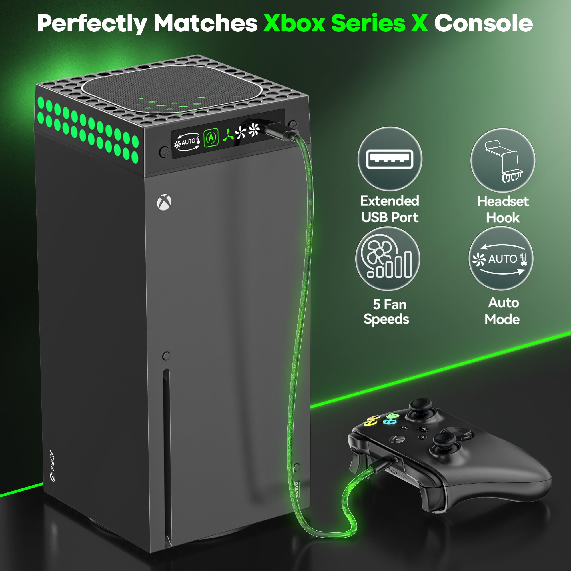 Ventola Xbox Series X di Raffreddamento Automatica, Raffreddamento Xbox Serie X con 9 modalità Luce RGB, Ventola Accessori X box Series X con Gancio per Cuffie