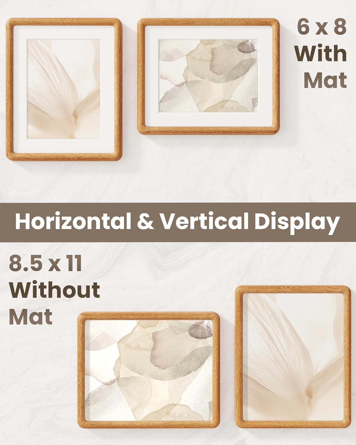 RICHFOCUS 8.5x11 Picture Frame Natural Solid Teak Wood Rounded Corner Curved Photo Frame Double Tenon Reinforced with HD Tempered Glass, Display Photos 6x8 with Mat or 8.5x11 Without Mat