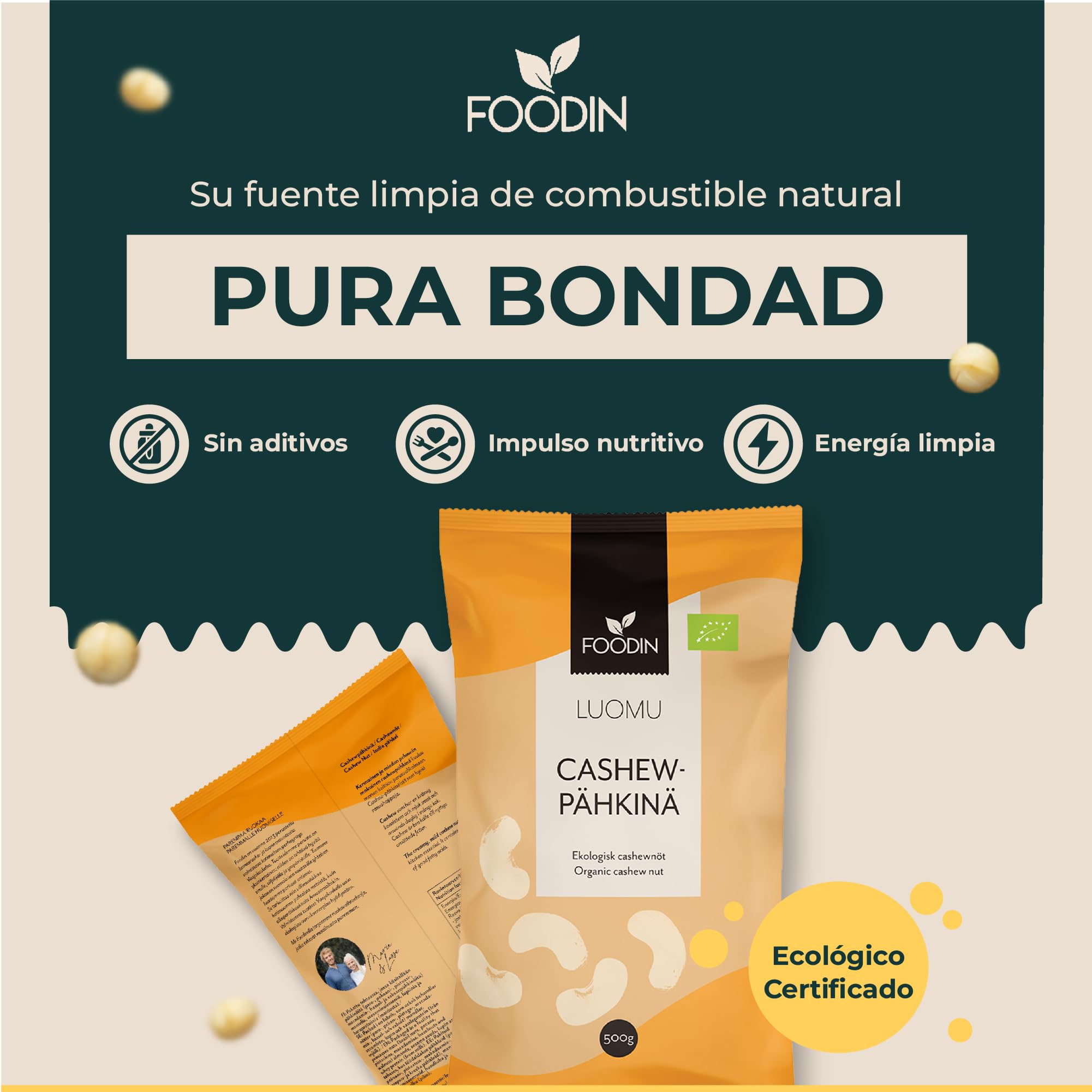 FOODIN Anacardos Orgánicos – Frutos Secos Naturales, Crudos, Sin Sal, Sin Gluten, Veganos – Fuente de Proteína y Grasas Saludables – Anacardos Enteros Ecológicos para una Alimentación Sana, (2x500g)