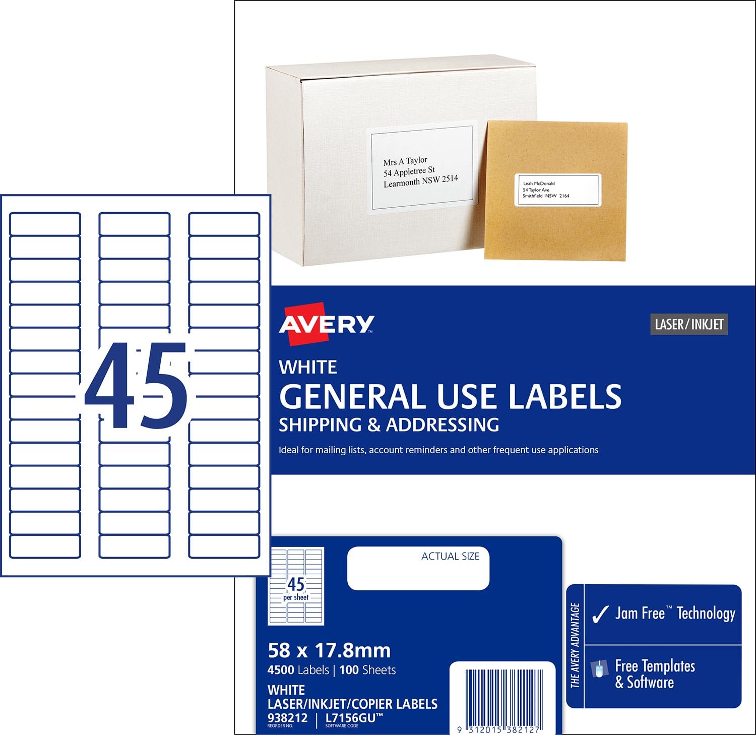 Avery 45 etichette per foglio, per uso generico, formato A4, 58 x 17,8 mm, 4500 etichette, m 100 fogli (938212/L7156GU)