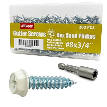 #8 x 3/4" Self-Tapping Gutter Screws White Painted Hex Head Zinc Plated Finish, 200 Pieces, 1/4" Magnetic Driver Included