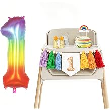 CANREVEL Rainbow First Birthday Decorations Baby, Highchair Banner | 1st Birthday Gender Neutral Decor Tassel Garland, One Cake Topper, Crown Hat Kids, Number 1 Balloon Party Photo Backdrop