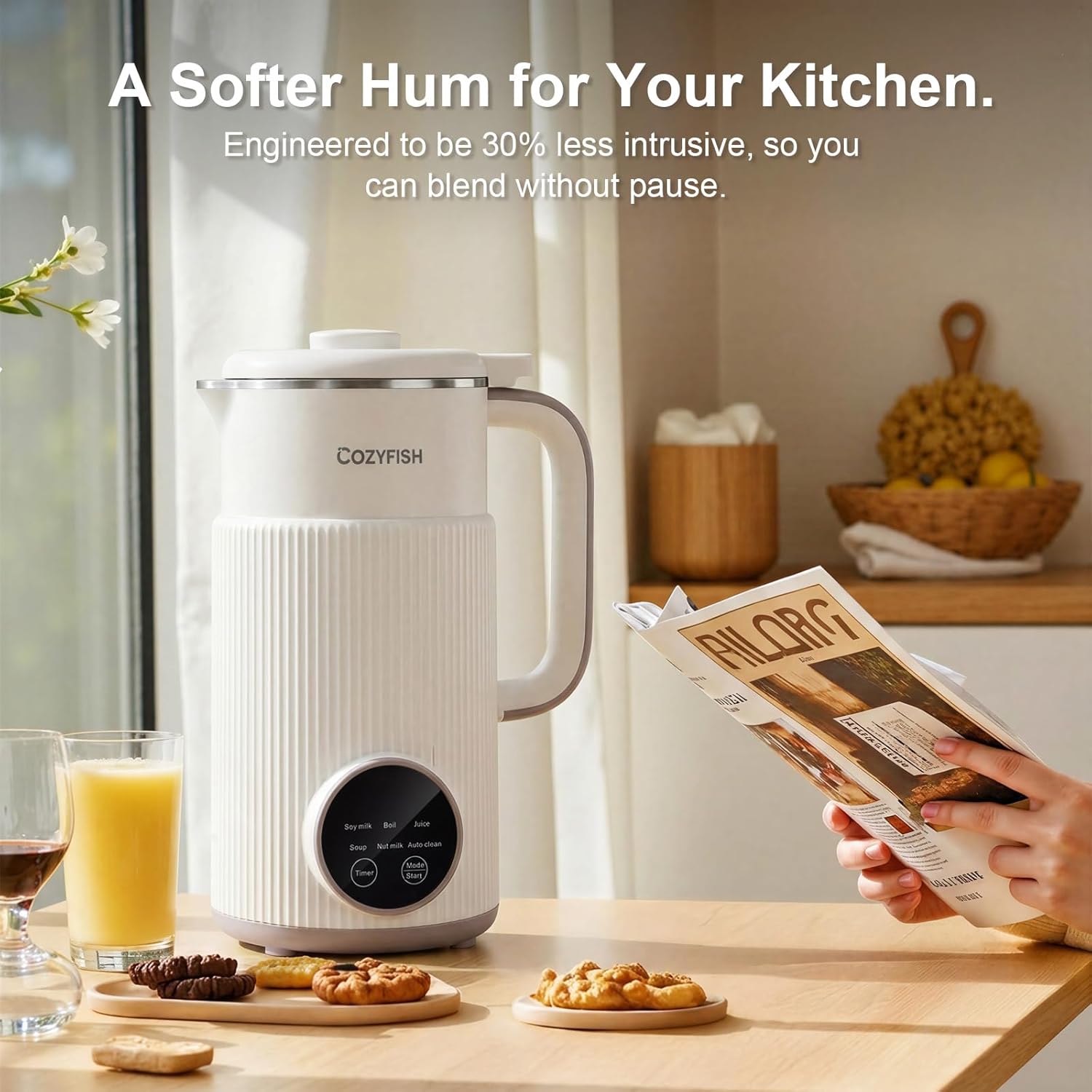 Cozyfish 35oz Nut Milk Maker, Multi-Functional Automatic Soy & Almond Milk Machine with 12-Blade Stainless Steel for Oat, Soup, Juice & Plant-Based Beverages, Timer, Auto Clean, Keep Warm, Boil- White