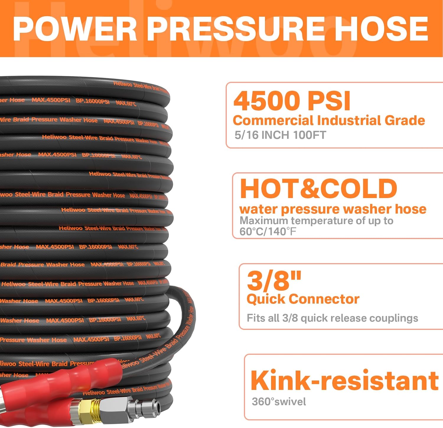 Pressure Washer Gun and Hose Kit, 100FT Kink Resistant 5/16 Power Washer Hose and Wand, 3/8" Swivel Quick Connector & M22-14mm Fitting, 4500 PSI