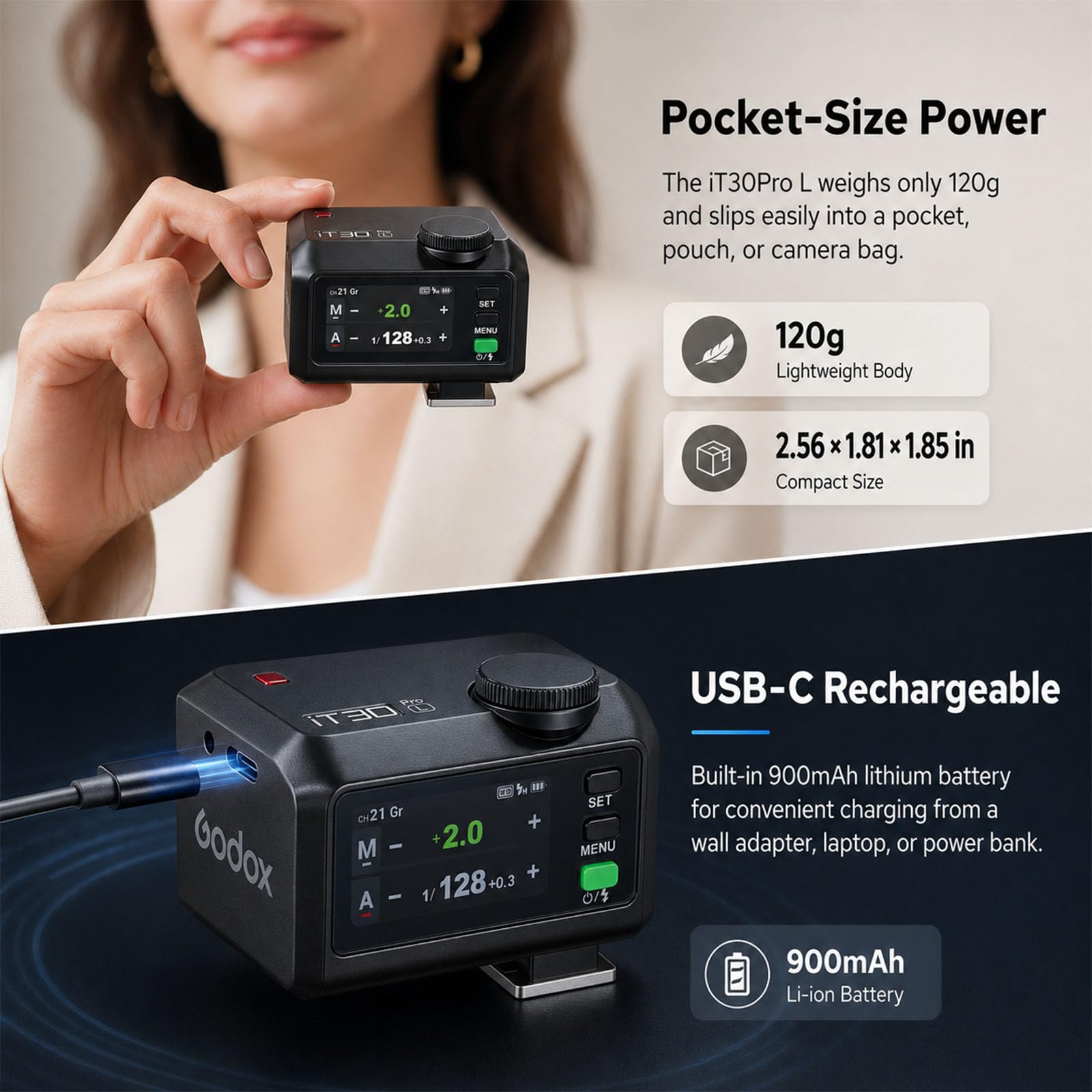 Godox iT30Pro-L TTL Mini Lampa Błyskowa do Leica, GN15, 560 Błysków Pełnej Mocy, 1,5 s Czas Recyklingu, HSS 1/8000 s, 2,4G X Nadajnik/Odbiornik, Ekran Dotykowy, USB-C, do Podróży Street Portret