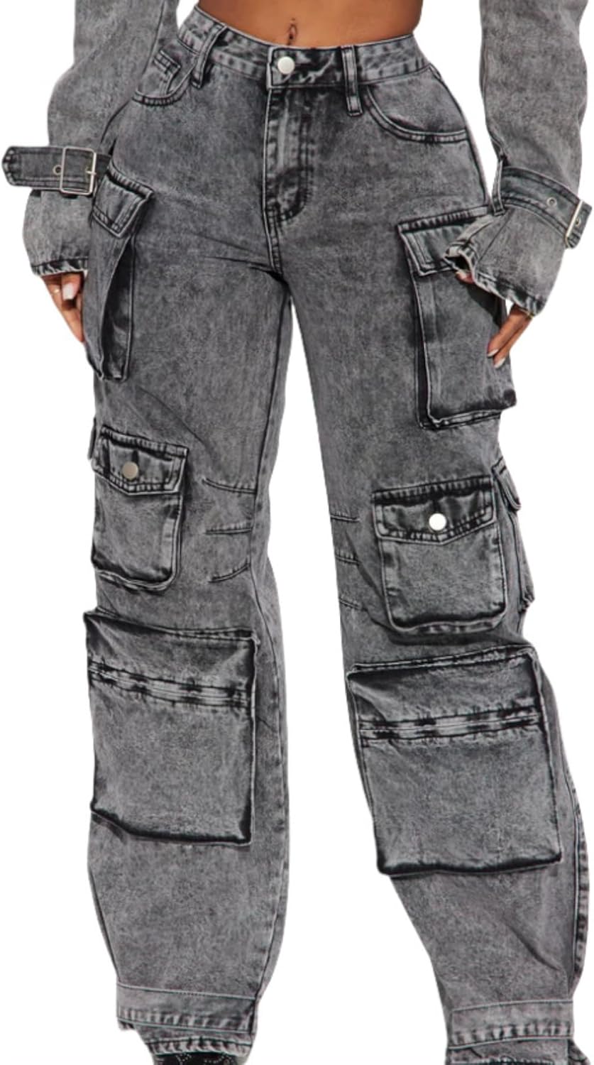 Cargo Jeans for Women Y2K High Waisted Baggy Jeans Straight Wide Leg Cargo Pants Streetwear - Image 4
