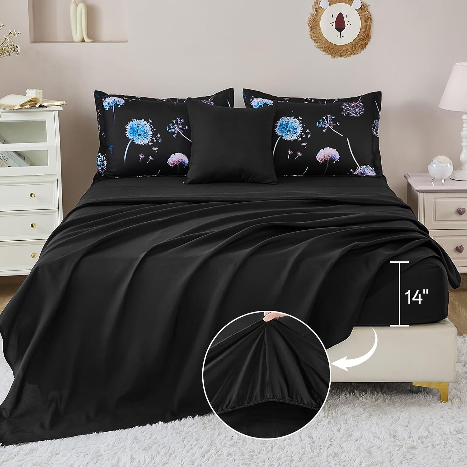WONGS BEDDING Girls Bedding Sets Twin Dandelion Patterns 6 Pieces Twin Comforter Sets for Kids Black Bed in a Bag Includes Comforter，Flat Sheet, Fitted Sheet and Pillowcase（90"×68"）