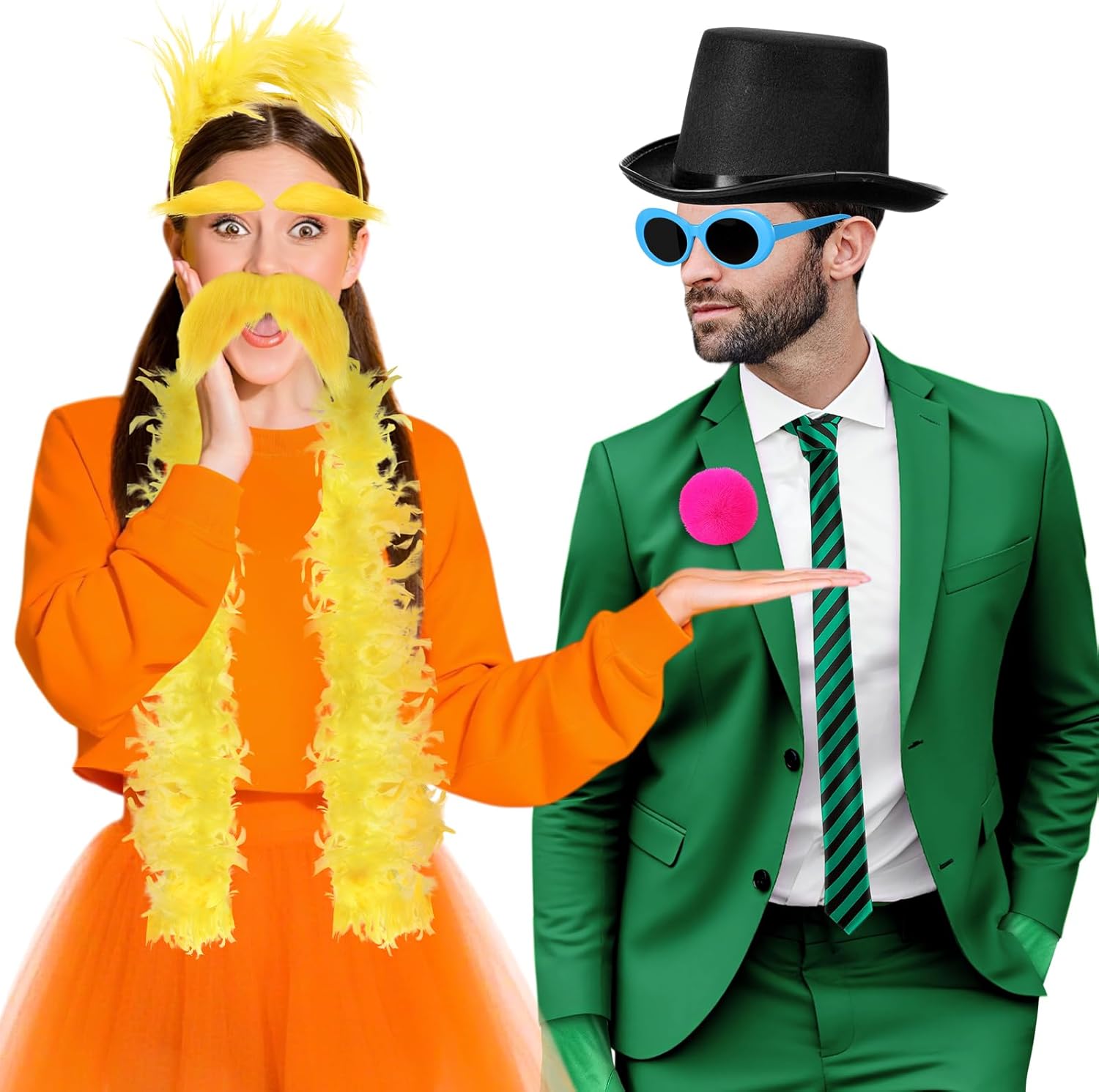 JenPen 9 Pcs Halloween Couple Costume Accessories Included Black Hat Yellow Headband Feather Boa Yellow Mustache Eyebrows Blue Glasses for Mustache Book Character Cosplay