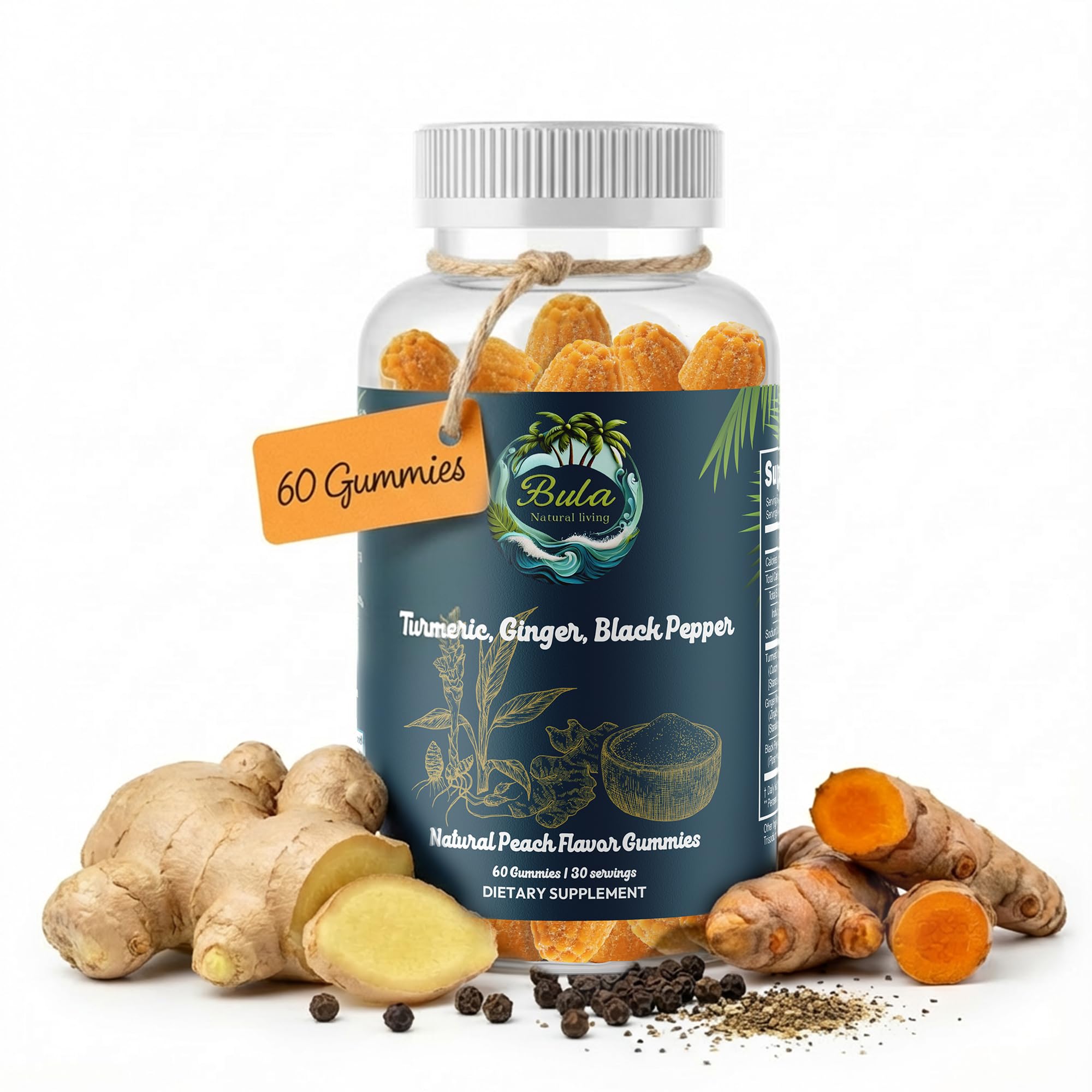 Bula Fijian Turmeric Ginger Black Pepper Gummies, Curcumin, Peach, 60ct