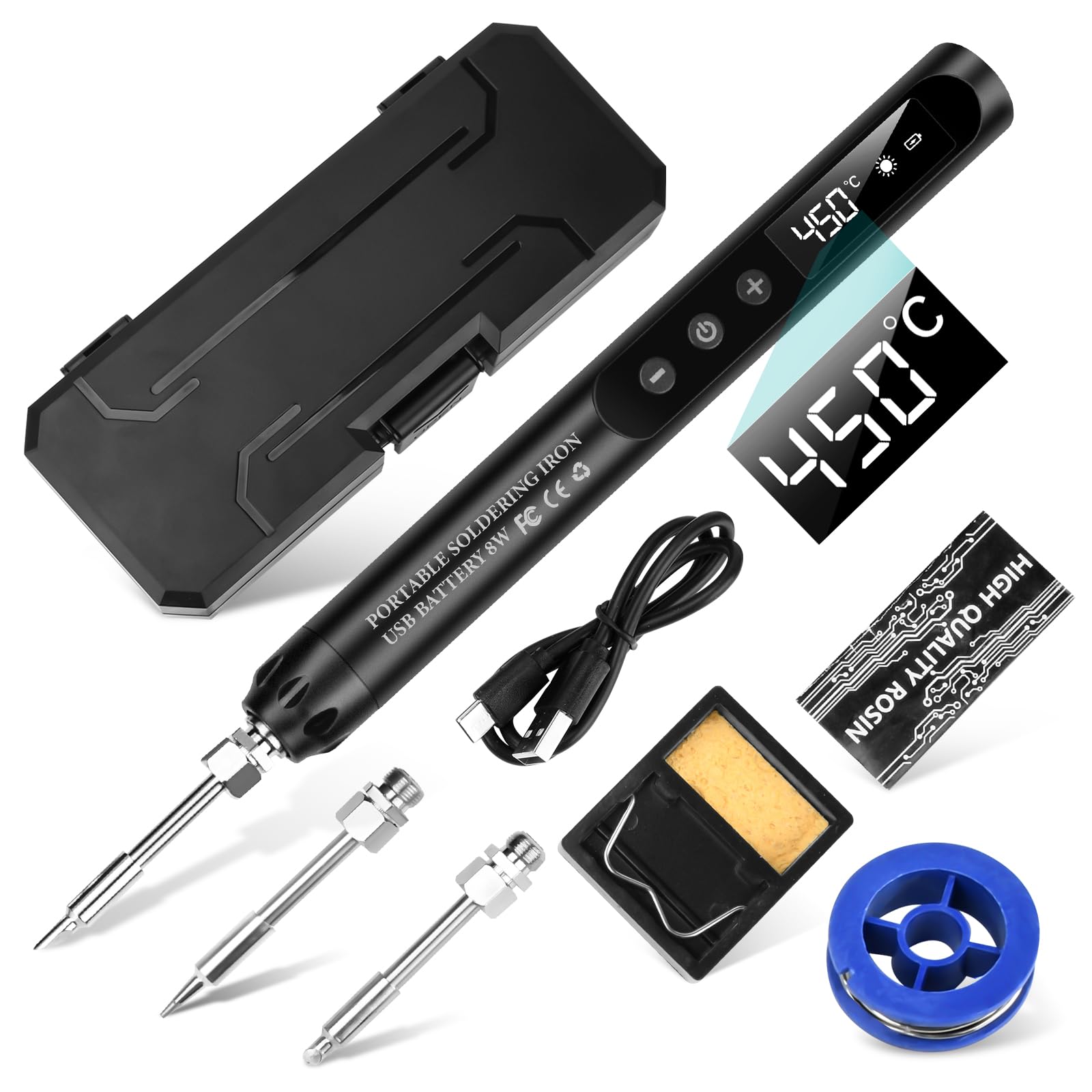 diymore Kit saldatore USB-C, saldatore portatile senza fili con display LCD, temperatura regolabile 200°C - 450°C, con 3 punte per riparazione elettronica, creazione di gioielli, progetti fai-da-te