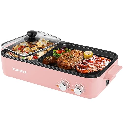 Topwit Hot Pot Electric with Grill, 2 in 1 Indoor Non-stick for Steaks, Shabu Shabu, Noodles, Simmer and Fry, Korean BBQ Grill, Independent Dual Temperature Control, Pink - Pink