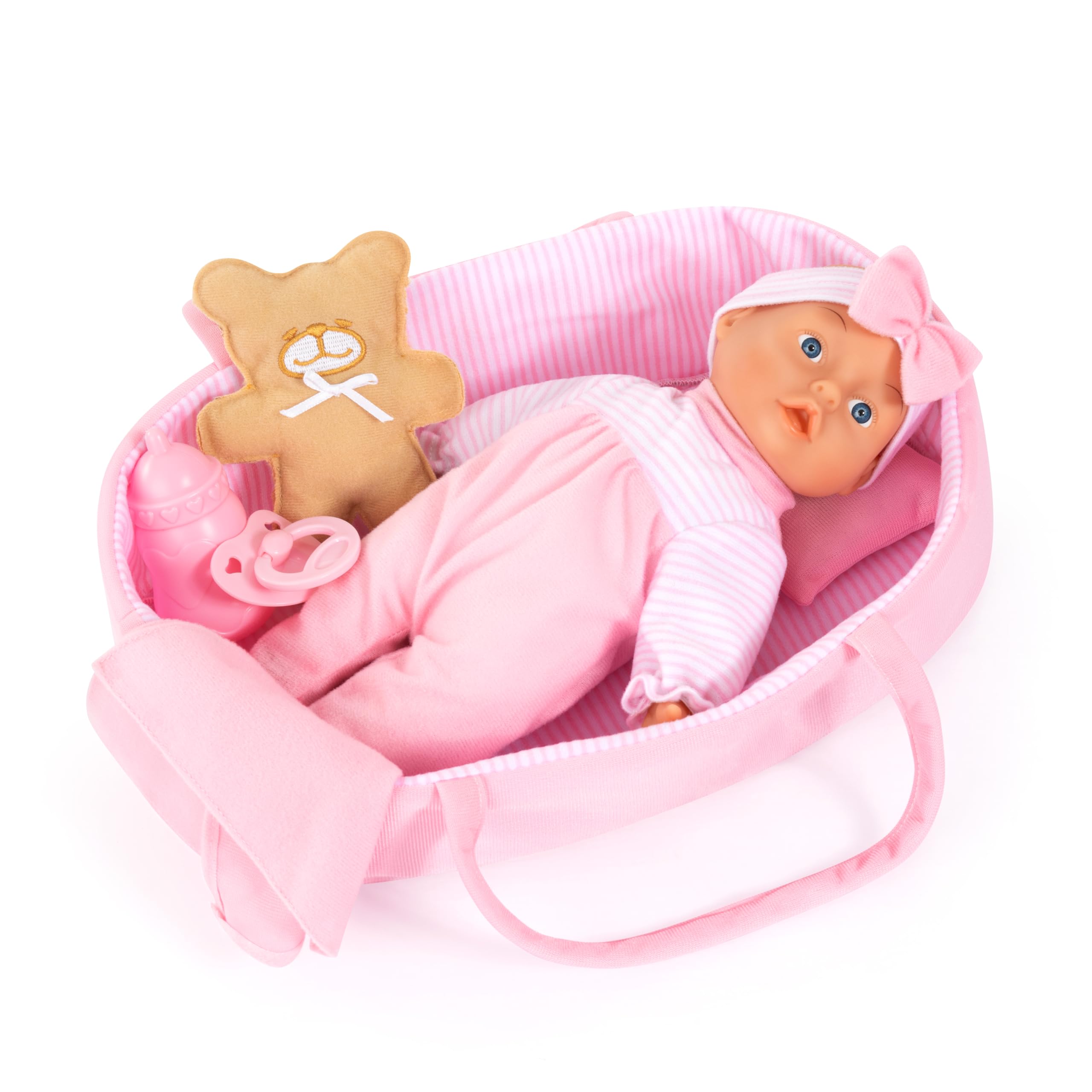 Bayer Design Bambola con culla portatile, coperta e cuscino | Bambola con ciuccio, biberon, orsacchiotto, corpo morbido, 28 cm