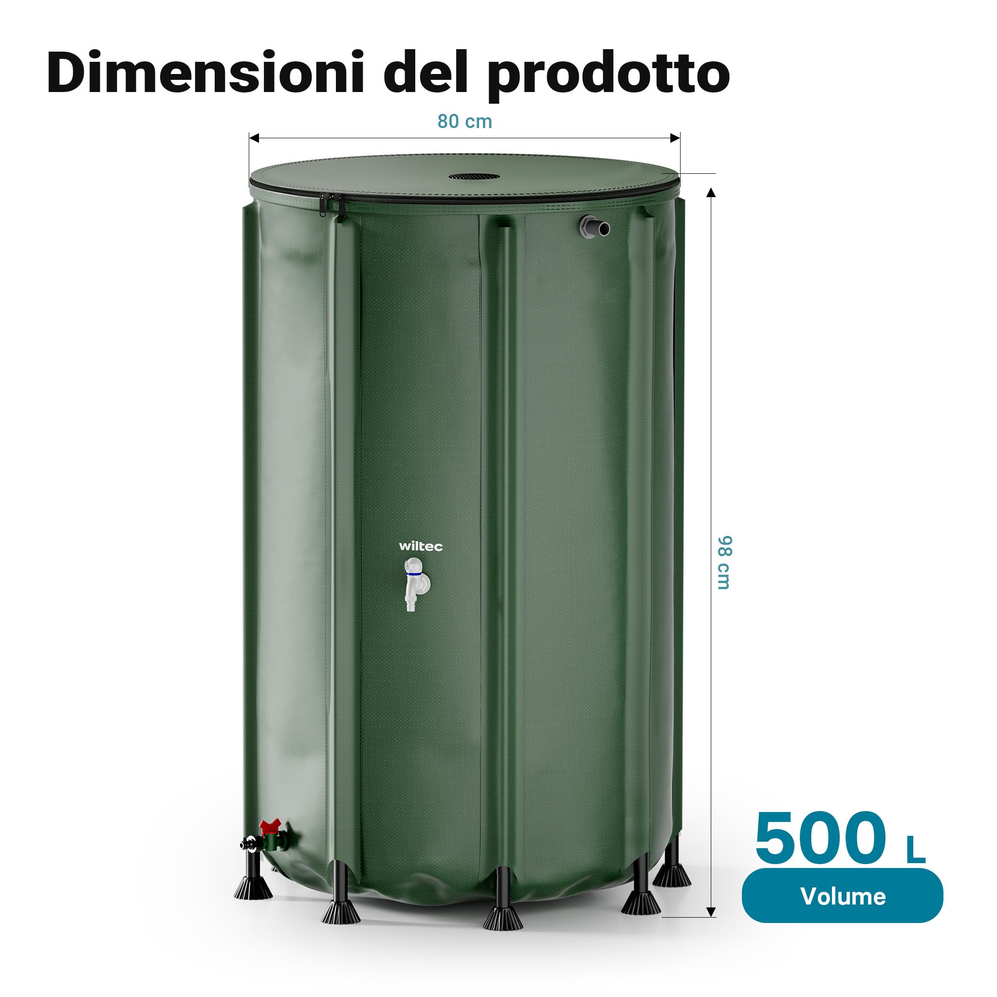 Wiltec Serbatoio acqua piovana pieghevole da 500 l, con coperchio e rubinetto, contenitore raccolta acqua piovana in PVC da 620 g/m² con attacco per tubo