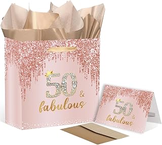 SolarGlory Rose Gold 50th Birthday Gift Bag for Women Small Happy 50th Birthday Gift Bag with Wrapping Paper and Card for Fifty Year Old Decorations Party Supplies