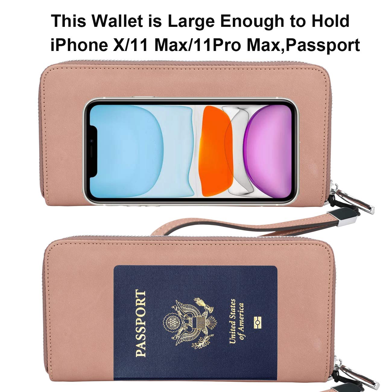Lavemi Damen RFID-Blockierendes Leder Große Kapazität Reißverschluss Around Geldbörse Clutch Reise Geldbörse mit Handschlaufe, 2. Dunkles Rosa, Einheitsgröße, RFID-Brieftasche