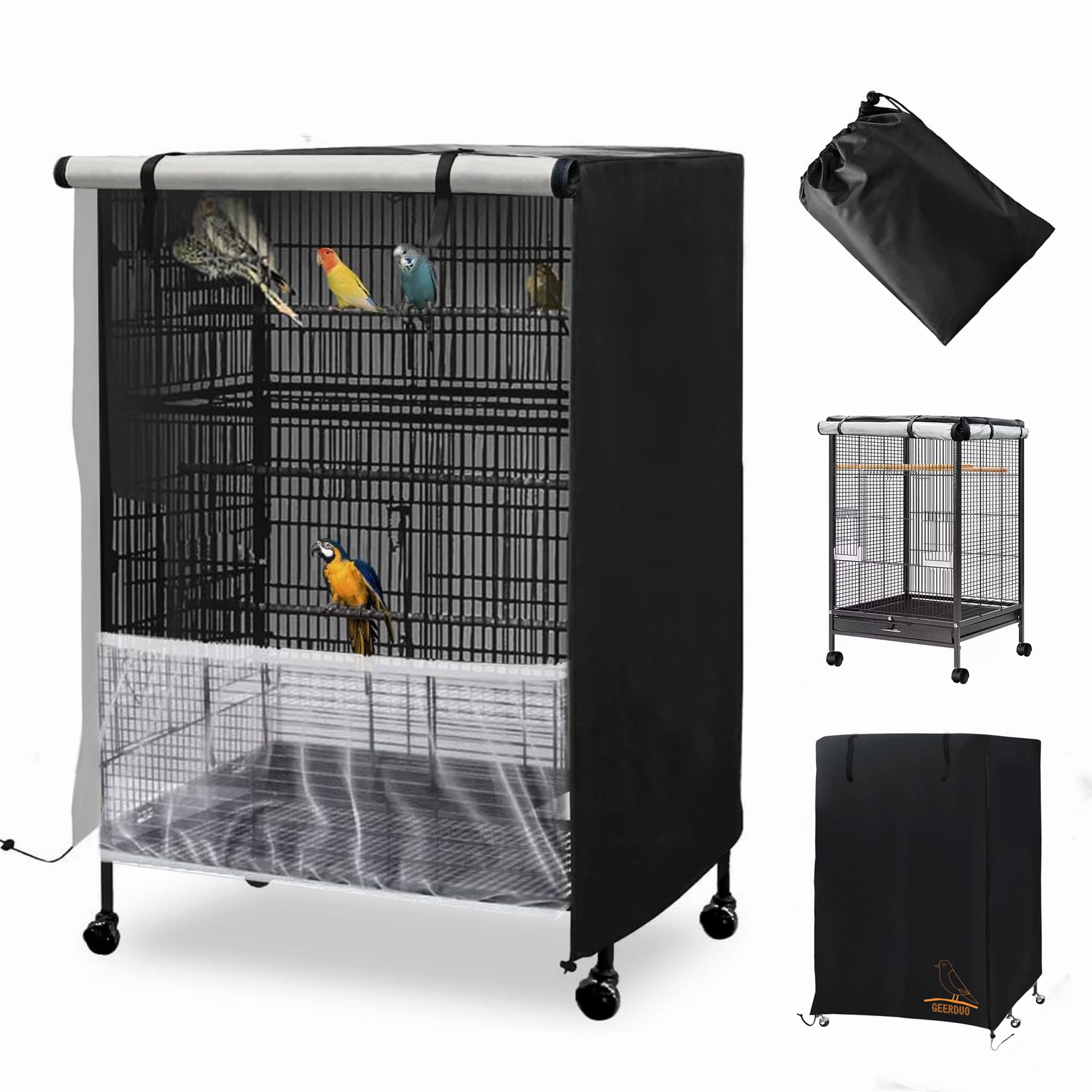 Bird Cage Cover, 600D Universal Parrot Cage Cover for Night, 100% Shading Oxford Cloth with Waterproof PU Coating Layer, Adjustable Soft Airy Nylon Mesh Net