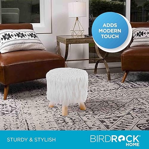 Miniatura 4 de BIRDROCK HOME Taburete otomano de piel sintética, silla de tocador tapizada con patas de madera natural, asiento acolchado suave y compacto para