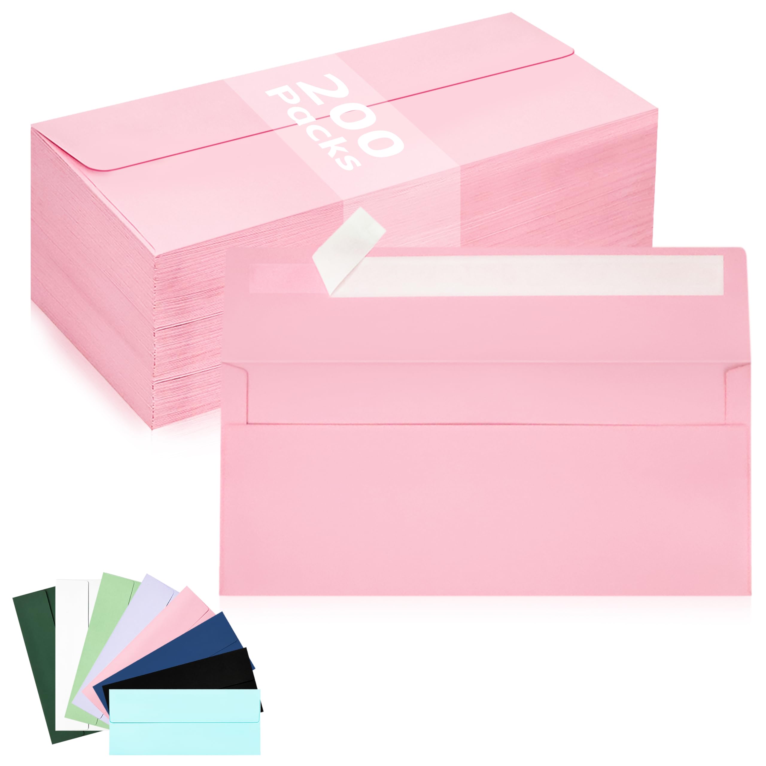 200 Pack #10 Business Envelopes, Pink Standard Envelopes Self Seal, Letter Size Business Mailing Envelopes for Checks Letters Invoices Statements