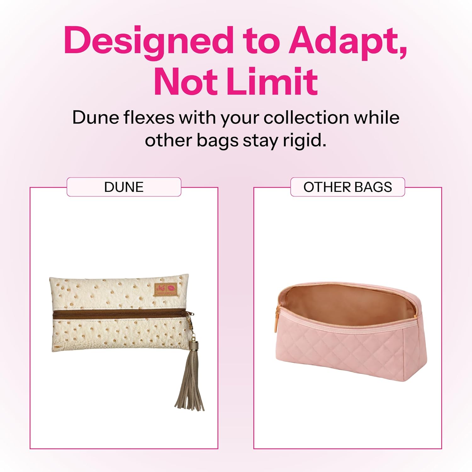 Makeup Junkie Mini Makeup Bag - Dune Faux Croc - Patented Lay Flat Travel Toiletry Bag for Women - 4" x 7" Handmade USA Small Cosmetic Pouch with Wipeable Lining