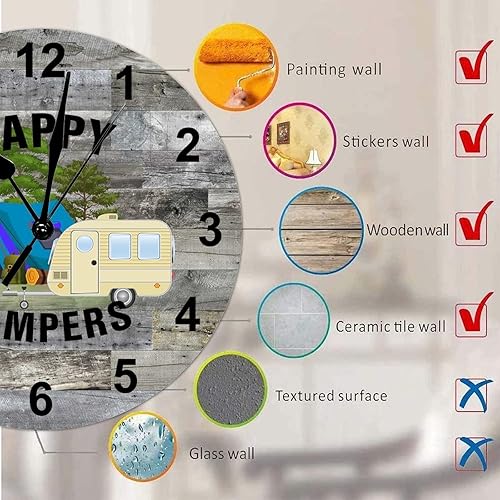 Miniatura 7 de Reloj redondo de madera de estilo rústico de 12 x 12 pulgadas, con números arábigos, silencioso, sin tictac, funciona con pilas, tema de campamento